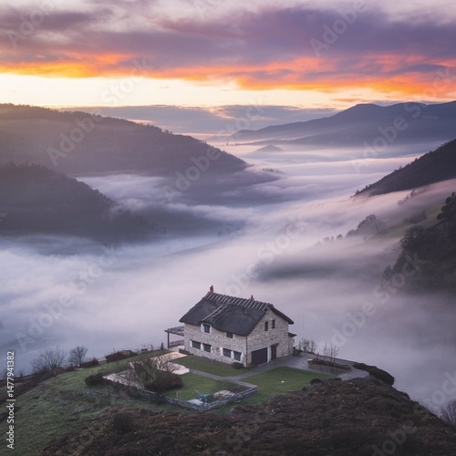 A lonely house situated atop a hilltop overlooking the misty mountains at sunrise.