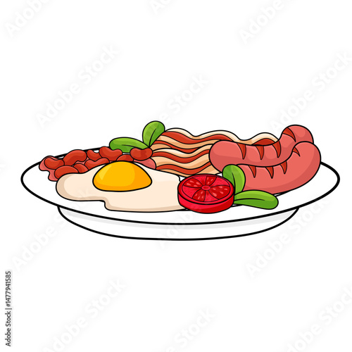 Traditional English breakfast with bacon, sausages, eggs, and grilled tomatoes