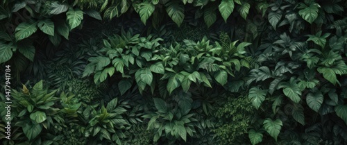 Deep emerald green, interwoven tropical leaves, creating a dense wall of vegetation ,  wild plants, tropical plants