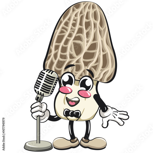 Cute Morchella mushroom vektor illustration mascot character on front of the mic become a stand up comedian, work of hand drawn