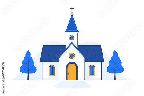 Church Building Cartoon Illustration with Tower and Trees Design Graphic isolated on Black
