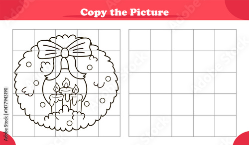 Copy the image activity game for kids with Christmas wreath in cartoon style