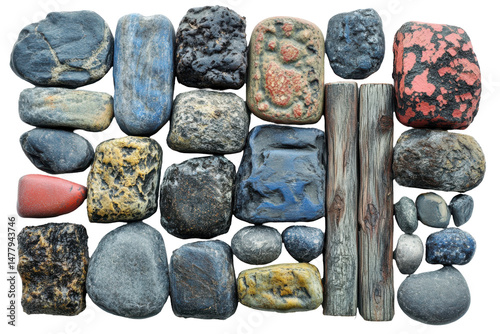 Arrangement of Textured Rocks and Wooden Planks on Black Background Decorative Elements Collection