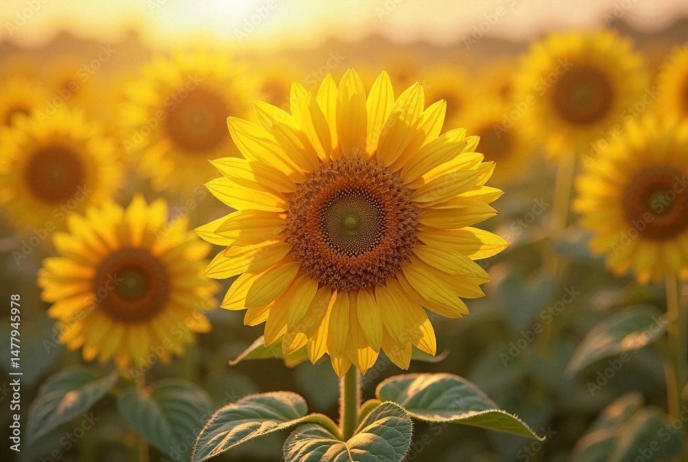 Fototapeta premium Sunflower Blooming in a Vast Field During Golden Hour, Illuminated by Warm Sunlight Against a Soft-Focused Background 