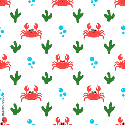 marine summer seamless pattern with crabs, algae and air bubbles