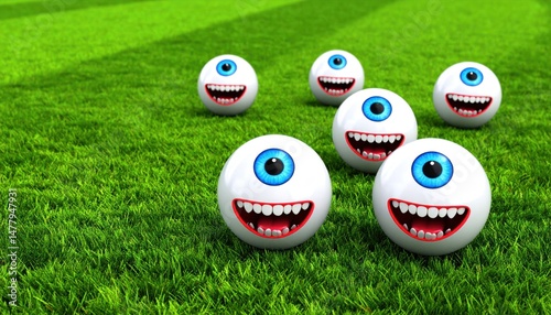 Whimsical gathering: A quirky collection of cartoon eyeball characters on green grass