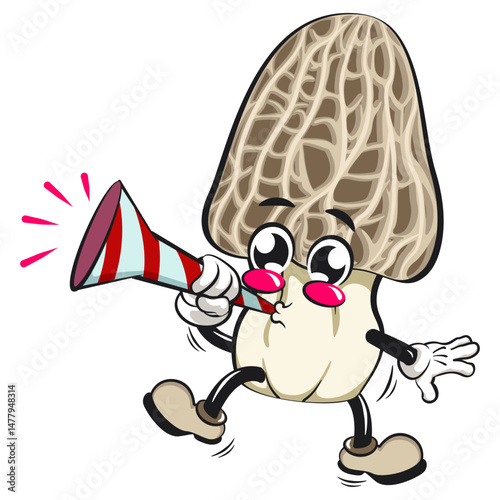 Cute Morchella mushroom vektor illustration mascot character blow the party horn trumpet, work of hand drawn