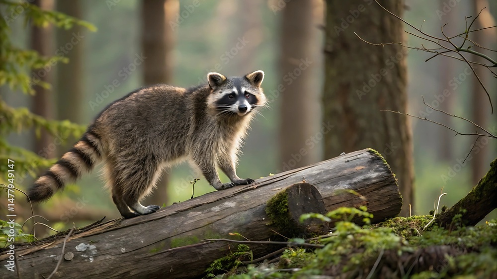 Fototapeta premium A curious raccoon perched on a log in a lush green forest environment