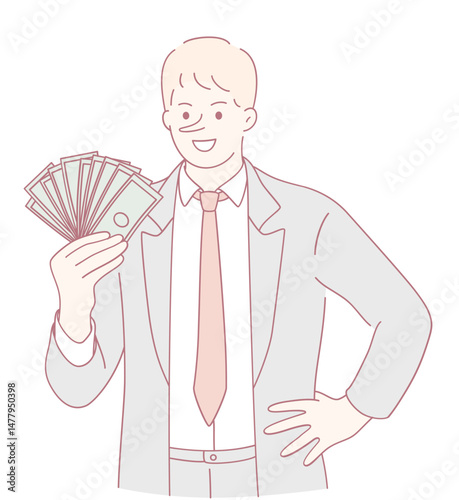 A confident businessman displaying his cash, symbolizing great success and remarkable financial achievement