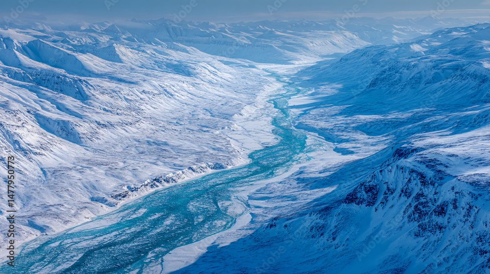 Fototapeta premium Aerial view of a glacial river winding through snow-covered mountains, showcasing a serene winter landscape, representing the power and beauty of nature