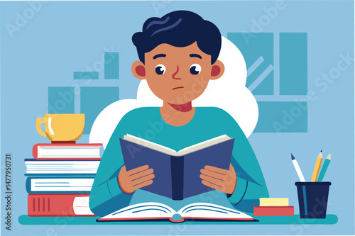 Young boy enjoying reading a book while sitting near stacks of books in a cozy setting with soft colors portraying a calm atmosphere