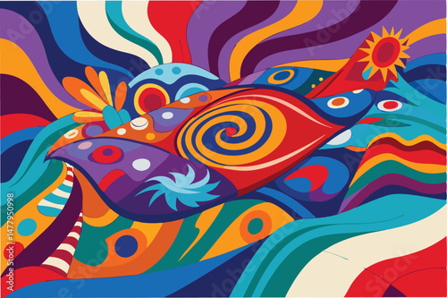 Colorful vector illustration of a whimsical bedroom featuring a vibrant bedspread, decorative pillows, and swirling patterns reminiscent of a dreamy atmosphere