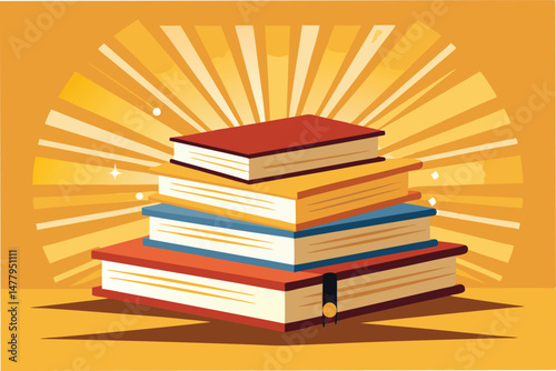 Stack of colorful books with rays of sunlight behind them, representing knowledge and creativity in a warm library setting
