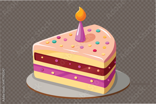 Colorful slice of cake with frosting, candle, and sprinkles on a wooden plate for a festive celebration or birthday party
