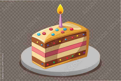 Colorful slice of cake with frosting, candle, and sprinkles on a wooden plate for a festive celebration or birthday party
