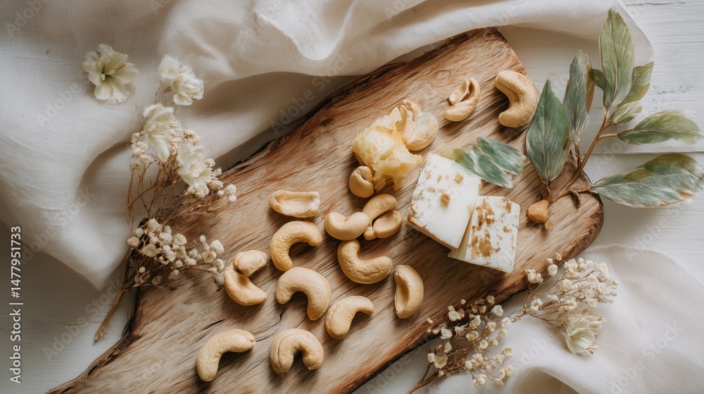 Fototapeta premium Dairy Alternatives Month, Artistic watercolor composition of cashew nuts and cashew cheese on rustic wooden board, botanical illustration style 