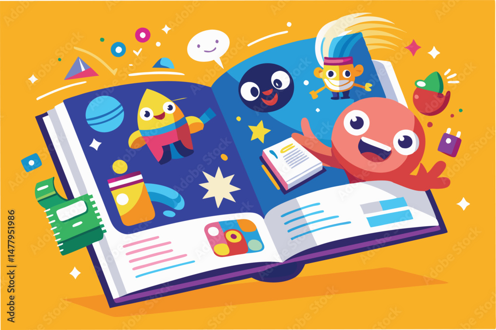 Colorful characters and joyful expressions in a vector illustration of an open storybook filled with playful designs and vibrant shapes, showcasing creativity and imagination