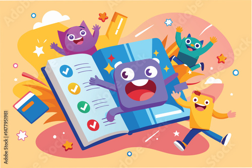 Colorful characters and joyful expressions in a vector illustration of an open storybook filled with playful designs and vibrant shapes, showcasing creativity and imagination