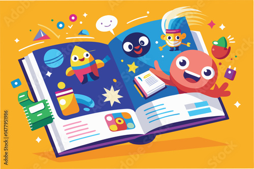 Colorful characters and joyful expressions in a vector illustration of an open storybook filled with playful designs and vibrant shapes, showcasing creativity and imagination
