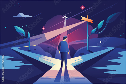 Guided decision making at a crossroads with a figure in the distance representing hope in a serene landscape