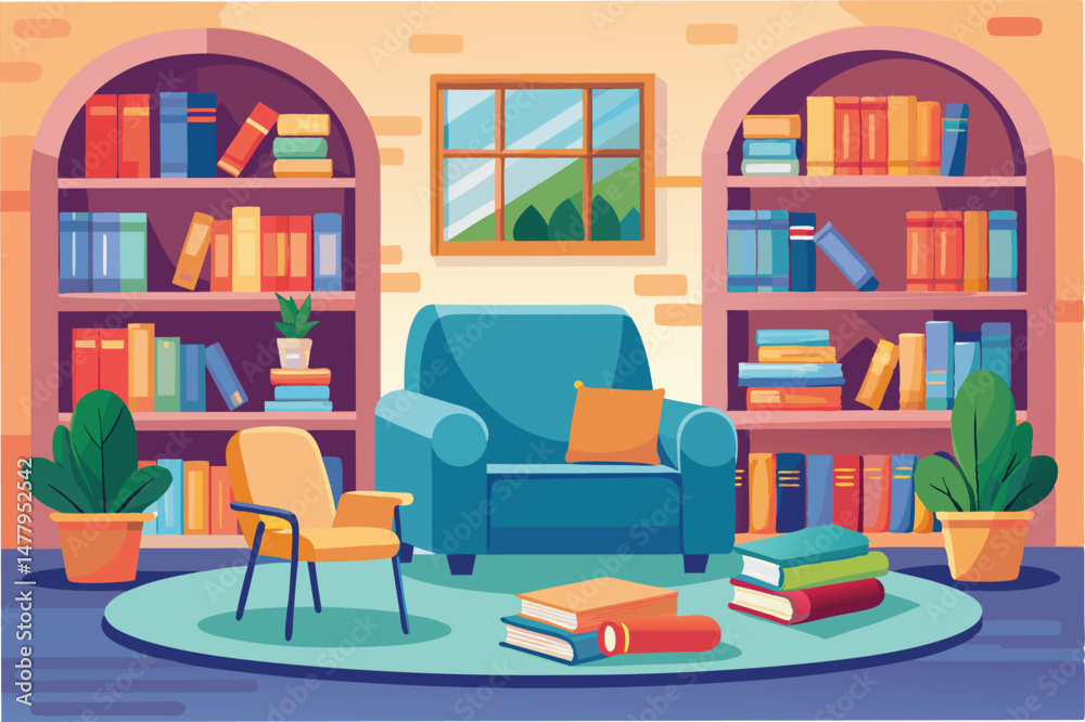 Cozy reading nook with armchairs, bookshelves, and plants in a bright room with large window Cozy reading nook with armchairs, bookshelves, and plants in a bright room with large window