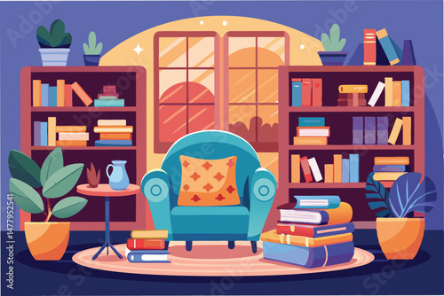 Cozy reading nook with armchairs, bookshelves, and plants in a bright room with large window