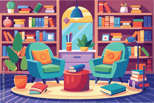 Cozy reading nook with armchairs, bookshelves, and plants in a bright room with large window