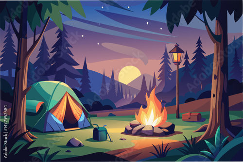 Illustration of a peaceful campsite under a starry night sky with a glowing campfire, a tent, and surrounding pine trees in a serene natural setting