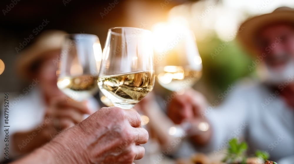 Cheerful gathering, diverse group toasting with glasses in a sunny outdoor setting, celebration of friendship and joy. Cheerful gathering, diverse group toasting with glasses in a sunny outdoor setting, celebration of friendship and joy.
