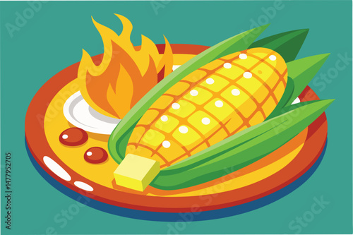 Delicious corn on the cob served with butter on a vibrant plate against a bold backdrop