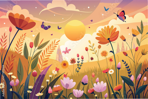 Colorful vector illustration of a meadow filled with diverse flowers, butterflies, and a warm sunset sky creating a cheerful and lively atmosphere