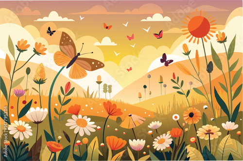 Colorful vector illustration of a meadow filled with diverse flowers, butterflies, and a warm sunset sky creating a cheerful and lively atmosphere