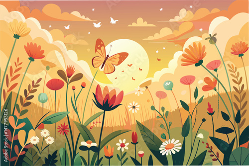 Colorful vector illustration of a meadow filled with diverse flowers, butterflies, and a warm sunset sky creating a cheerful and lively atmosphere