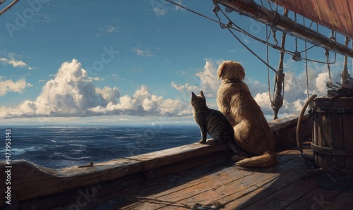 Cat and dog gazing at sea