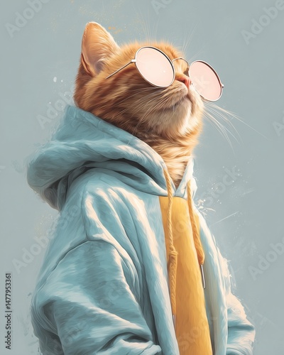 Ginger cat in a cool blue hoodie and glasses