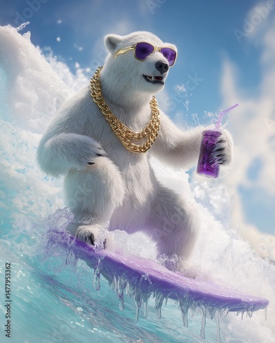 Polar bear enjoys surfing