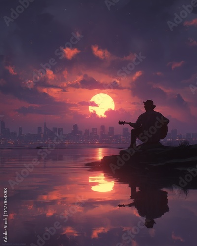 Man plays guitar at sunset