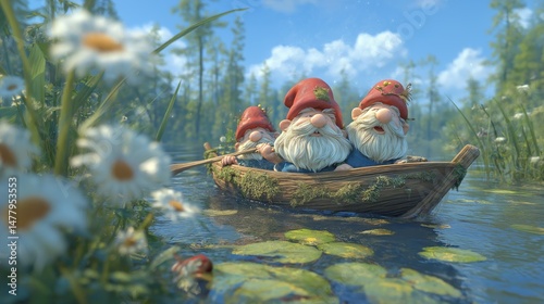 Gnomes in a boat on a lake