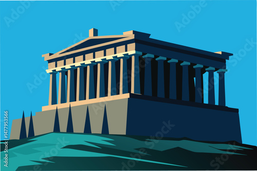 Vector illustration of the Parthenon in Athens, Greece showcasing classical architecture against a vibrant blue background