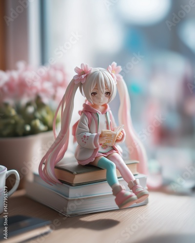 A cute anime figure with pink hair and flowers sits on books and reads another book