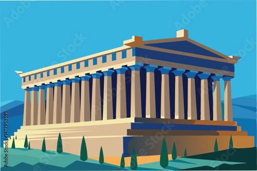 Vector illustration of the Parthenon in Athens, Greece showcasing classical architecture against a vibrant blue background