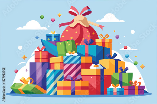 Colorful stack of gift boxes ready for celebration, adorned with ribbons, bows, and cheerful patterns on a light background