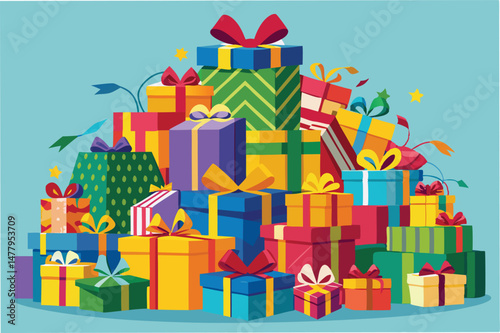 Colorful stack of gift boxes ready for celebration, adorned with ribbons, bows, and cheerful patterns on a light background