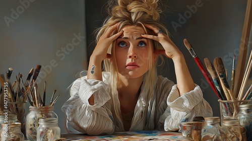 Stressed artist surrounded by brushes