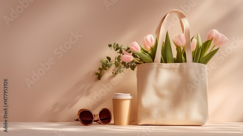 A tote bag design featuring tulips and a coffee cup