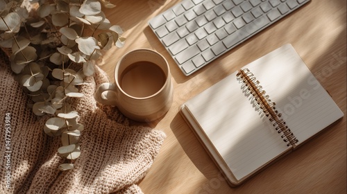 Cozy workspace with coffee and notebook