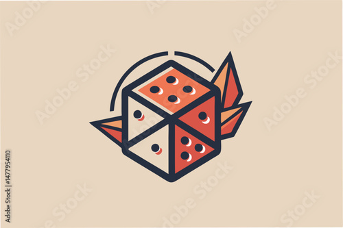 This vector illustration highlights a unique hexagonal die adorned with colorful dot patterns