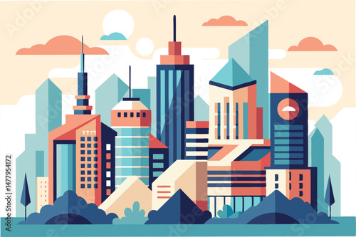 Colorful vector illustration of a modern city skyline with geometric buildings, clouds, and a sunset in a vibrant color palette