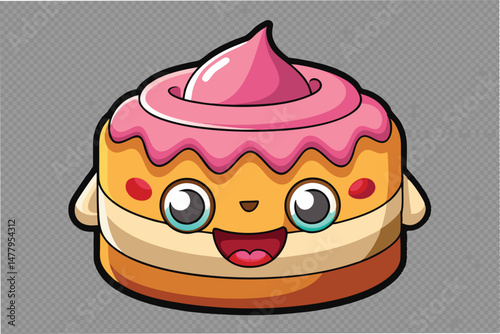 Cute vector illustration of a happy cartoon cake with colorful icing and a smile, perfect for children's party themes or dessert-related designs