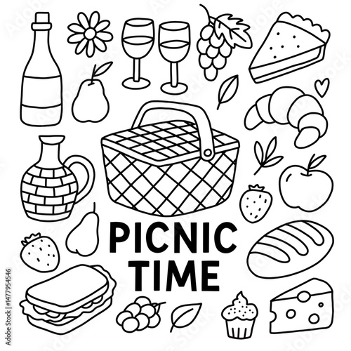 Hand-drawn picnic doodle packed with fun food items, picnic basket at center, picnic scene includes fruits, bread, drinks, all elements create cheerful picnic atmosphere, perfect for design.